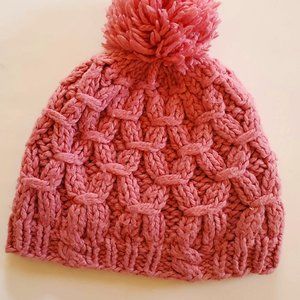 Pink Cable Knit Beanie with Pompom